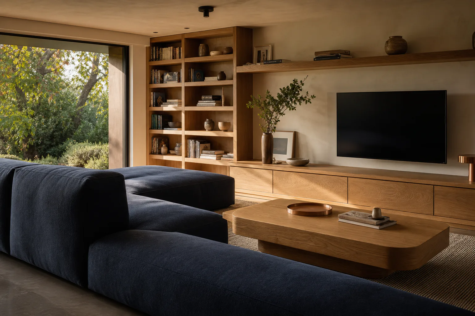 Living con biblioteca y rack de roble a medida